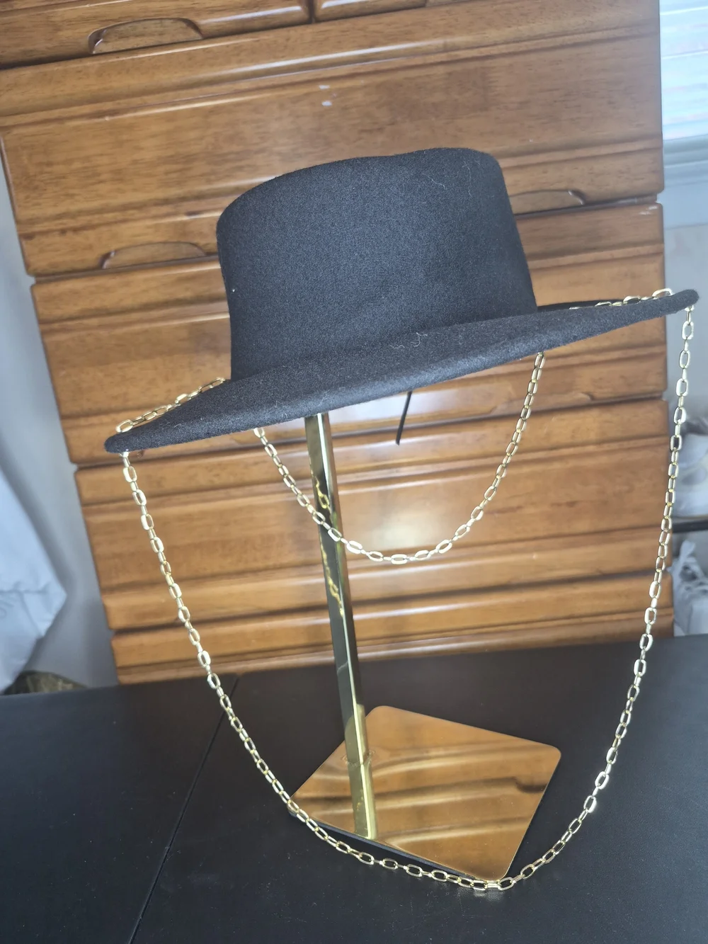 SHEIN Black Wide Brim Fedora with Gold Chain Detail - Picture 2 of 5
